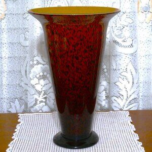 BEAUTIFUL BROWN HAND BLOWN ART GLASS LEOPARD ANIMAL PRINT FLARED 11" FOOTED VASE